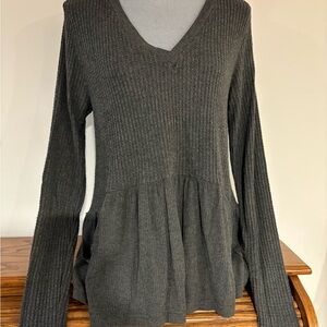 South Moon Under NEELY Ribbed/ waffle V-Neck Long Sleeve Top charcoal size L